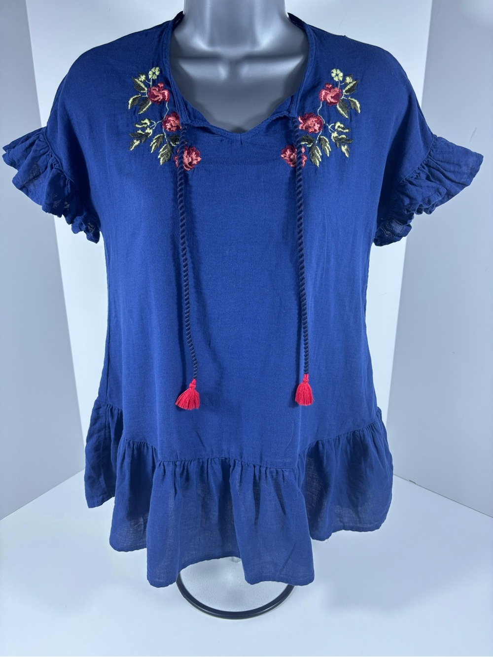 OndadeMar Blue Embroidered Tassel Tie Boho Blouse Ruffle Hem Size 10